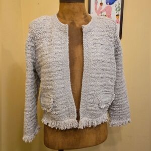Ann Taylor Silver Gray Tweed Fringe Cropped Blazer Medium